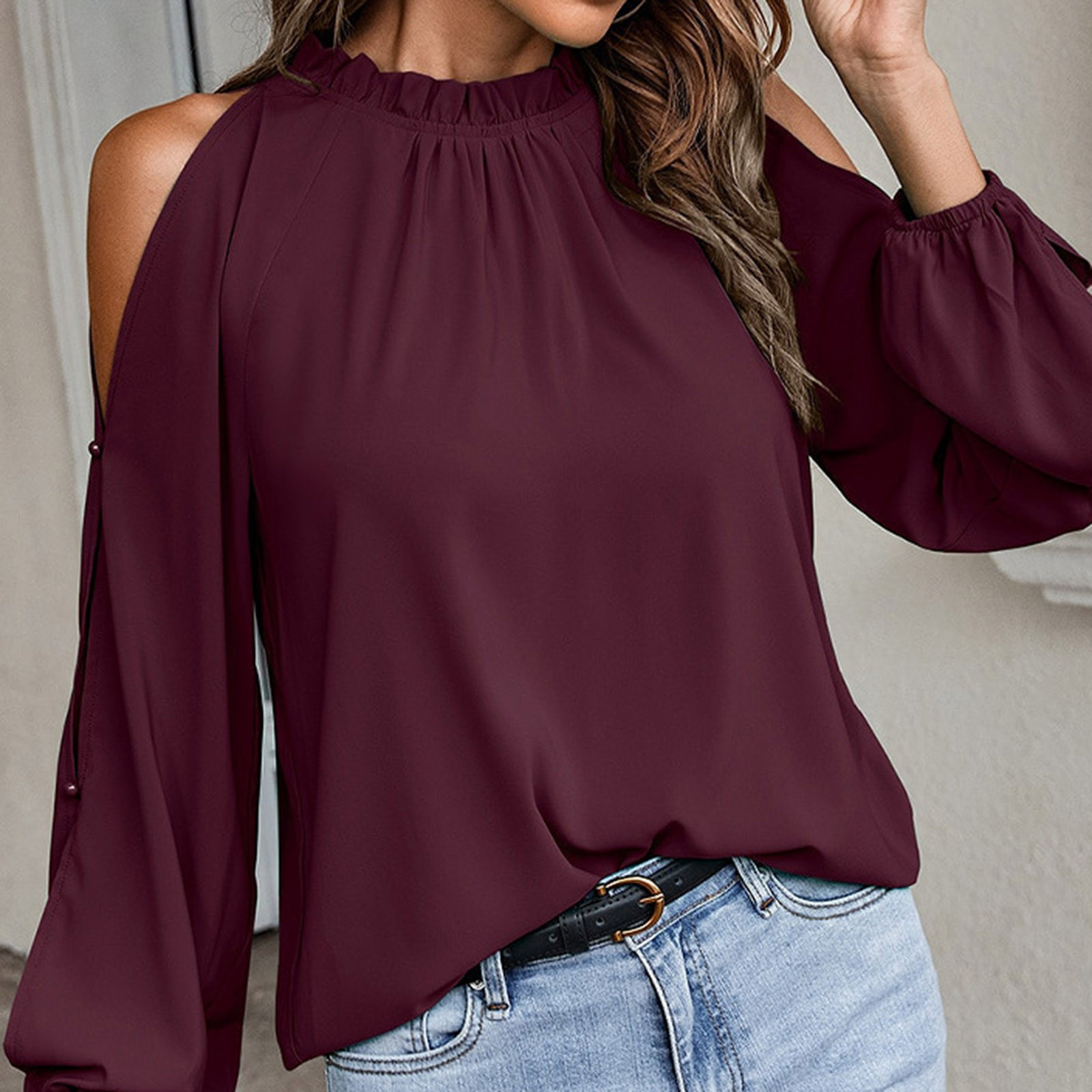 thumbnail image 4 of Blusa de manga larga de último diseño para mujer - Top holgado de color liso, camisa informal de moda, 4 of 7